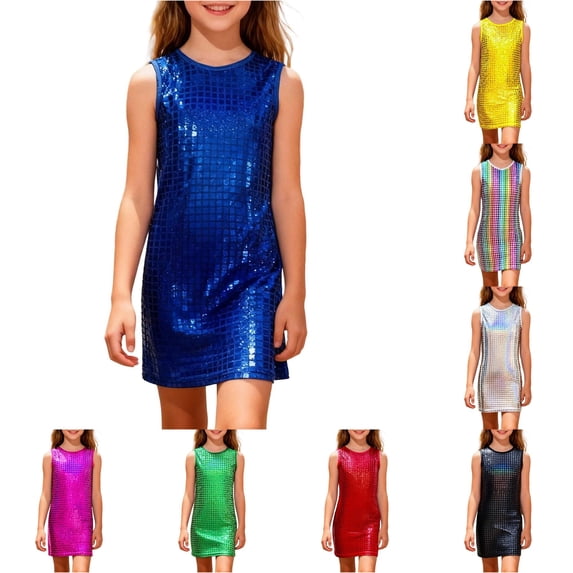 VNKIDY Girls Kids Crew Neck Sleeveless Grid Sequin Straight Dress Slim Fit Sparkly Party Performance Casual Shift Dresses For Child 2-3 Years