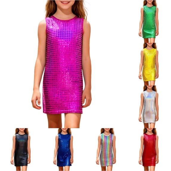 VNKIDY Girls Kids Crew Neck Sleeveless Grid Sequin Straight Dress Slim Fit Sparkly Party Performance Casual Shift Dresses For Child 4-5 Years