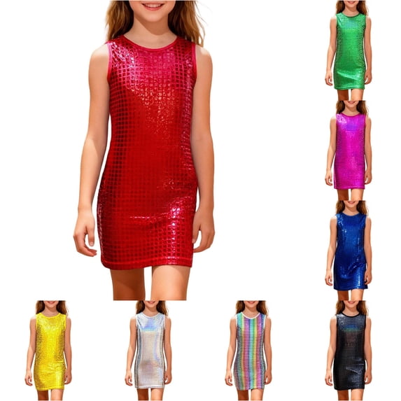 VNKIDY Girls Kids Crew Neck Sleeveless Grid Sequin Straight Dress Slim Fit Sparkly Party Performance Casual Shift Dresses For Child 4-5 Years
