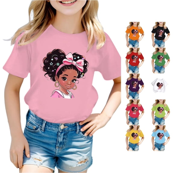 VNKIDY Girls Kids Crew Round Neck Short Sleeve Cartoon Girl Bow Star Print T-Shirt Loose Light Summer Soft Tee Tops For Child Czoy Tops Pink 11-12 Years