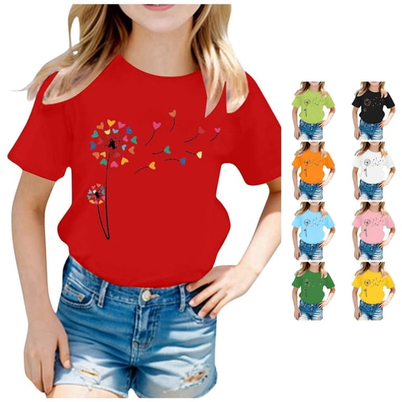 VNKIDY Girls Kids Crew Round Neck Short Sleeve Colorful Heart Dandelion Print T-Shirt Loose Casual Summer Basic Tee Tops For Child Soft Tops Red 10-12 Years