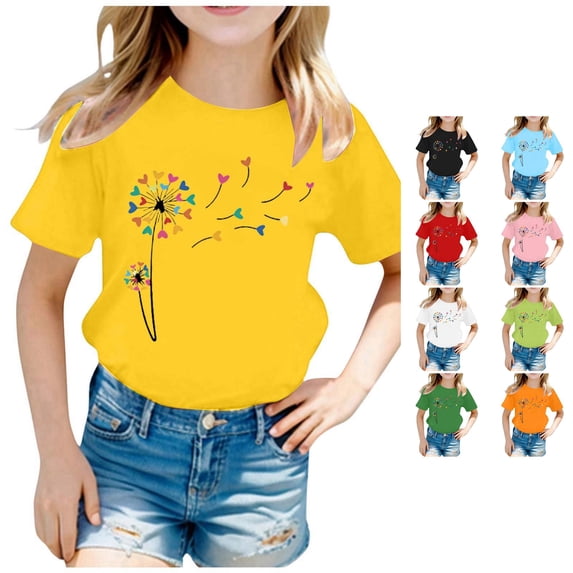 VNKIDY Girls Kids Crew Round Neck Short Sleeve Colorful Heart Dandelion Print T-Shirt Loose Casual Summer Basic Tee Tops For Child Trendy Tops Yellow 12-14 Years