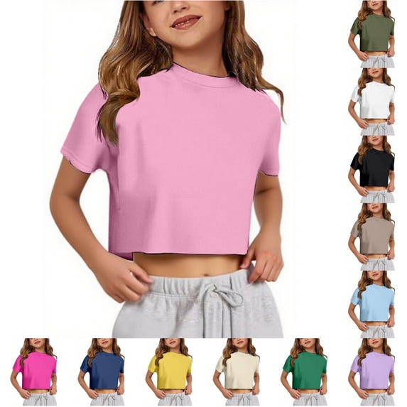 VNKIDY Girls Kids Crew Round Neck Solid Color Plain Short Sleeve Cropped T-Shirt Slim Casual Summer Basic Tee Tops For Child Czoy Tops Pink 9-10 Years