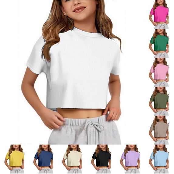 VNKIDY Girls Kids Crew Round Neck Solid Color Plain Short Sleeve Cropped T-Shirt Slim Casual Summer Basic Tee Tops For Child Soft Tops White 5-6 Years