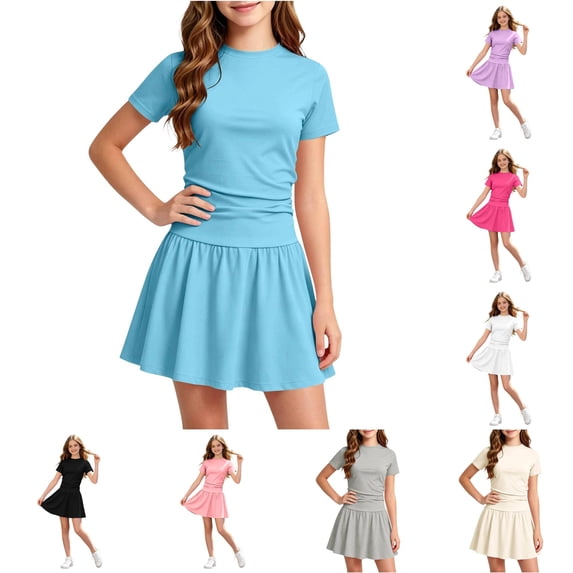 VNKIDY Girls Kids Crew Round Neck Solid Color Short Sleeve Ruched Top Elastic High Waist Flared Skirt 2 Piece Casual Summer Outfit Set For Child Cozy Sets 7-8 Years