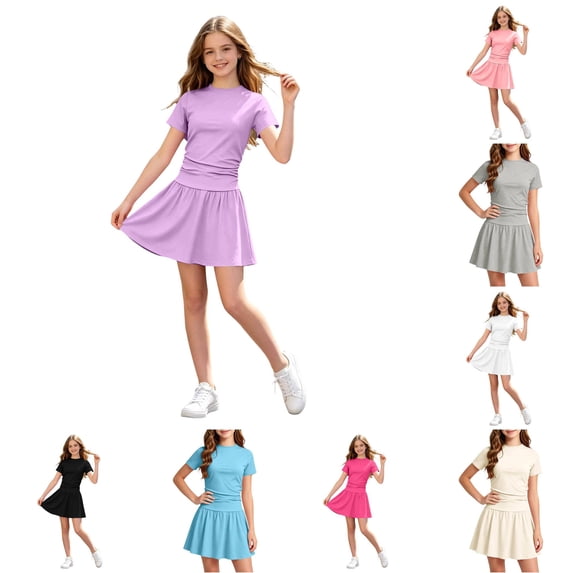 VNKIDY Girls Kids Crew Round Neck Solid Color Short Sleeve Ruched Top Elastic High Waist Flared Skirt 2 Piece Casual Summer Outfit Set For Child Stylish Sets 13-14 Years