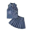 thumbnail image 1 of VNKIDY Girls Kids Denim 2 Piece Outfit Sleeveless Collared Vest With Ruffled Flower Decor Matching Pleated Skirt For Casual Daily Wear Classic Set, 1 of 4