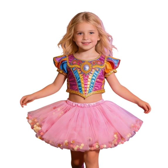 VNKIDY Girls Kids Elastic Waist Fluffy Tulle Tutu Skirt With Multicolored Pom Pom Trim For Holiday Party Wear Red 3-4 Years