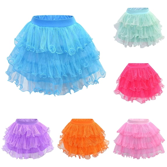 VNKIDY Girls Kids Elastic Waist Ruffle Trim Multi Layer Sheer Tulle Mini Skirt Fluffy Princess Party Tutu Skirt For Child Classic Bottoms 14-15 Years