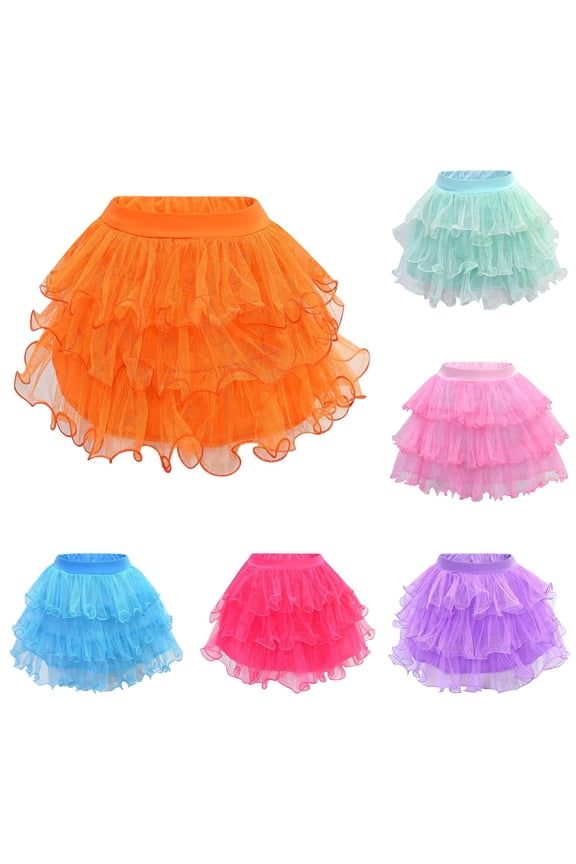 Girls Kids Elastic Waist Ruffle Trim Multi Layer Sheer Tulle Mini Skirt Fluffy Princess Party Tutu Skirt For Child Cute Bottoms 8-9 Years