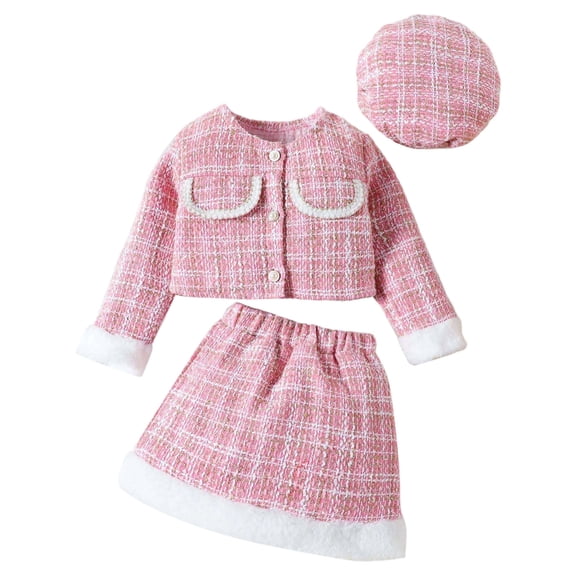 VNKIDY Girls Kids Elegant 3 Piece Outfit Plaid Print Long Sleeve Collared Buttoned Coat Elastic Waist Skirt Matiching Hat For Casual Daily Wear Fashionable Set