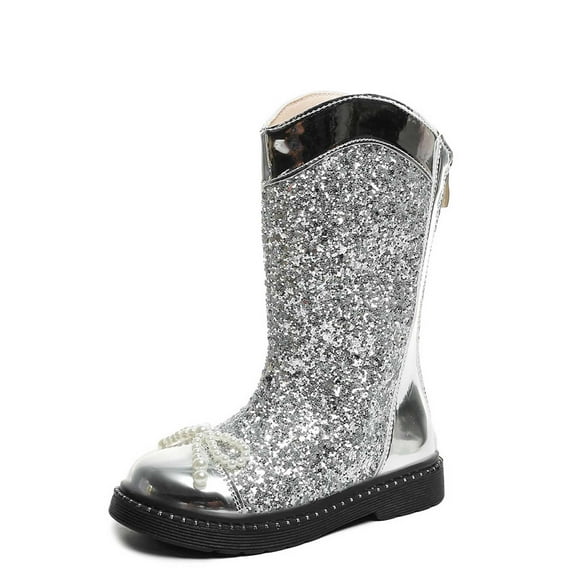 VNKIDY Girls Kids Glitter Boots Metallic Solid Color Pearl Bow Decor Thick Sole Back Zip Shoes For Party Casual Daily Wear Leisure Footwear