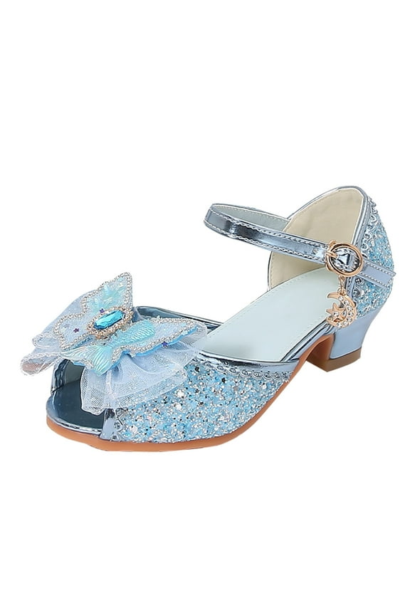 Girls Kids Glitter Peep Toe Mid Heel Mary Jane Shoes With Flower Rhinestone Pearl Charm Scalloped Edge Soft Cushioned Insole Sandals For Party Daily Wear Blue 8-9 Years