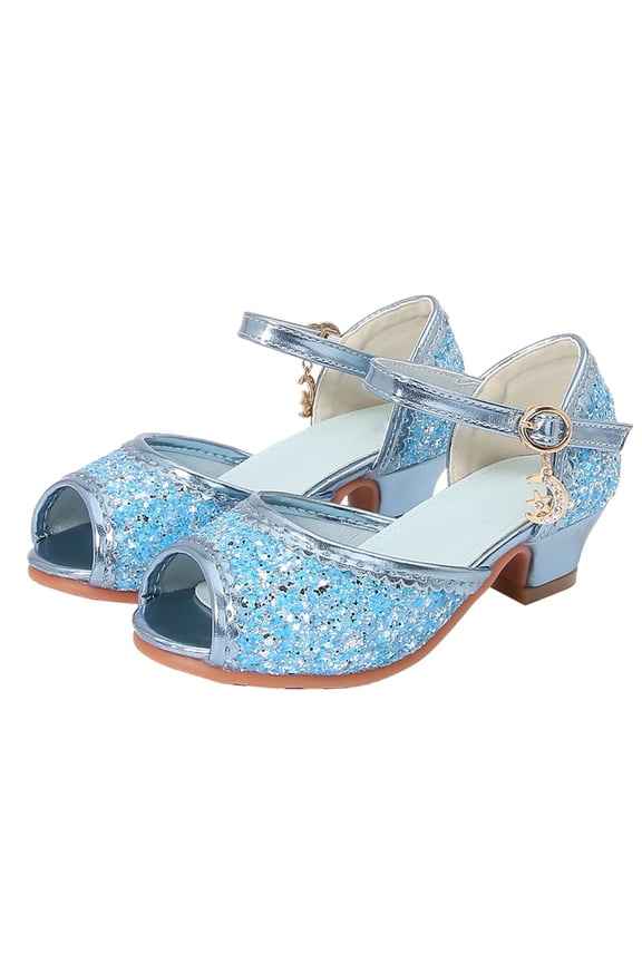 Girls Kids Glitter Peep Toe Mid Heel Mary Jane Shoes With Rhinestone Strap Gold Charm Lace Edge Soft Cushioned Insole Sandals For Party Daily Wear Blue 13