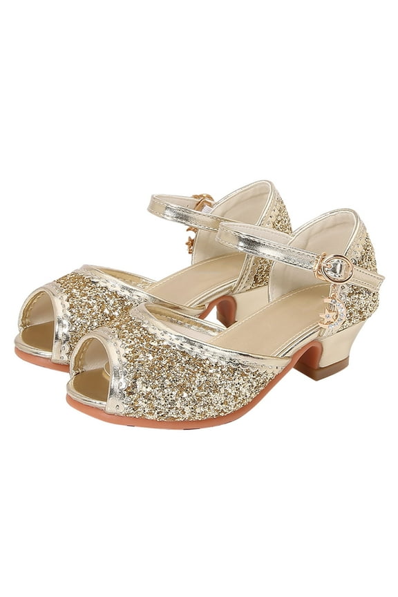 Girls Kids Glitter Peep Toe Mid Heel Mary Jane Shoes With Rhinestone Strap Gold Charm Lace Edge Soft Cushioned Insole Sandals For Party Daily Wear Gold 12
