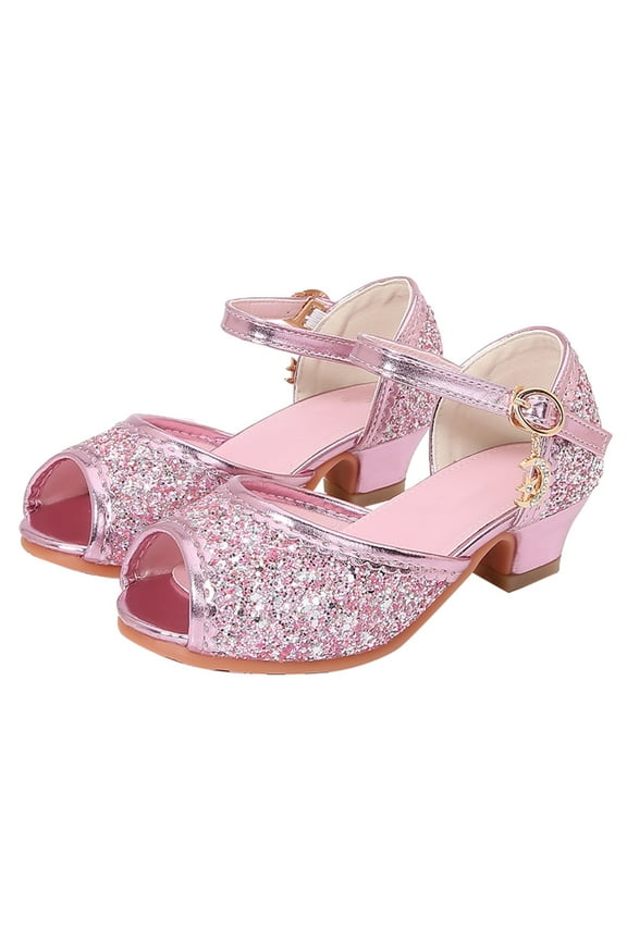 Girls Kids Glitter Peep Toe Mid Heel Mary Jane Shoes With Rhinestone Strap Gold Charm Lace Edge Soft Cushioned Insole Sandals For Party Daily Wear Pink 10.5