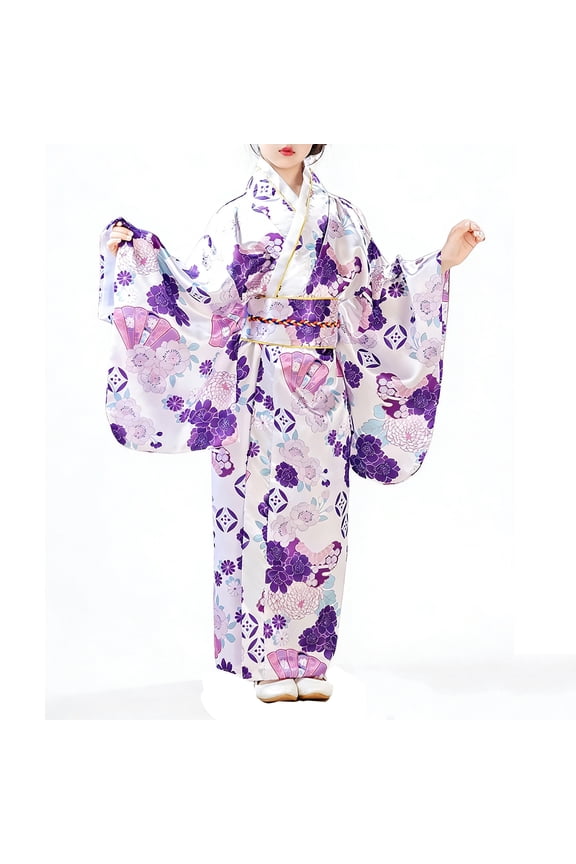 Girls Kids Kimono Robe Dress Floral Fan Print Long Wide Sleeve Obi Belt Traditional Party Dress For Daily Wear Purple 11-12Years