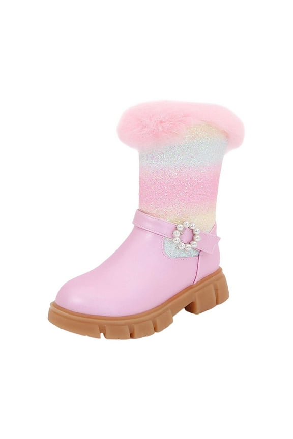 Girls Kids Mid Calf Boots Iridescent Glitter Panel Fuzzy Trim Pearl Buckle Strap Traction Sole Shoes For Winter Casual Daily Wear Classic Footwear