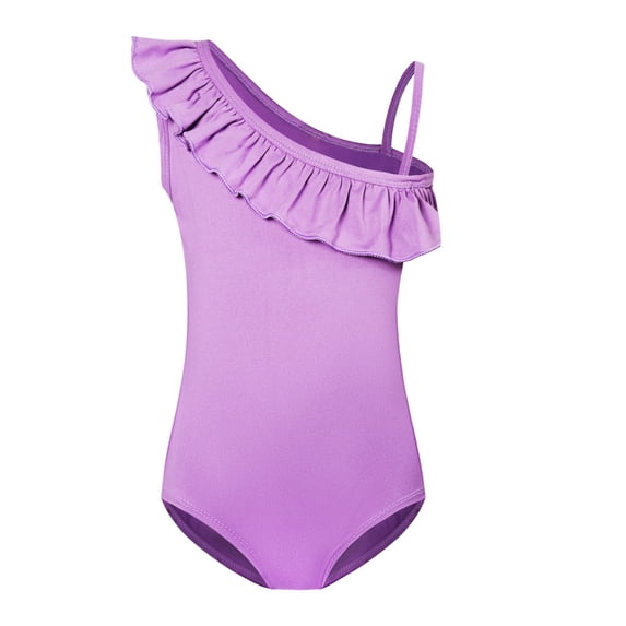 VNKIDY Girls Kids One Piece Swimsuit Solid Color One Shoulder Design Ruffle Trim Single Spaghetti Strap Swimwear For Beach Pool Activities Purple 15-16 Years