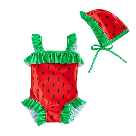 VNKIDY Girls' Kids Onesie Bathing Suit Set Polka Dot Prints Ruffled Strap Triangle Cut Stretchy Swimsuit With Swim Cap For Summer Beach Water Activities Lovely Swimwear