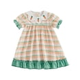thumbnail image 1 of VNKIDY Girls Kids Pastel Plaid Dress Carrot Embroidered Peter Pan Collar Gingham Trim Ruffled Hem Casual Dress For Daily Outdoor Wear Lovely Dress, 1 of 4