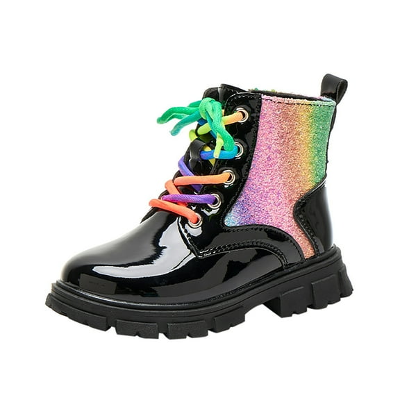 VNKIDY Girls Kids Patent Leather Ankle Boots Rainbow Glitter Panel Colorful Laces Traction Sole Shoes For Casual Daily Wear Party Activities Lovely Footwear