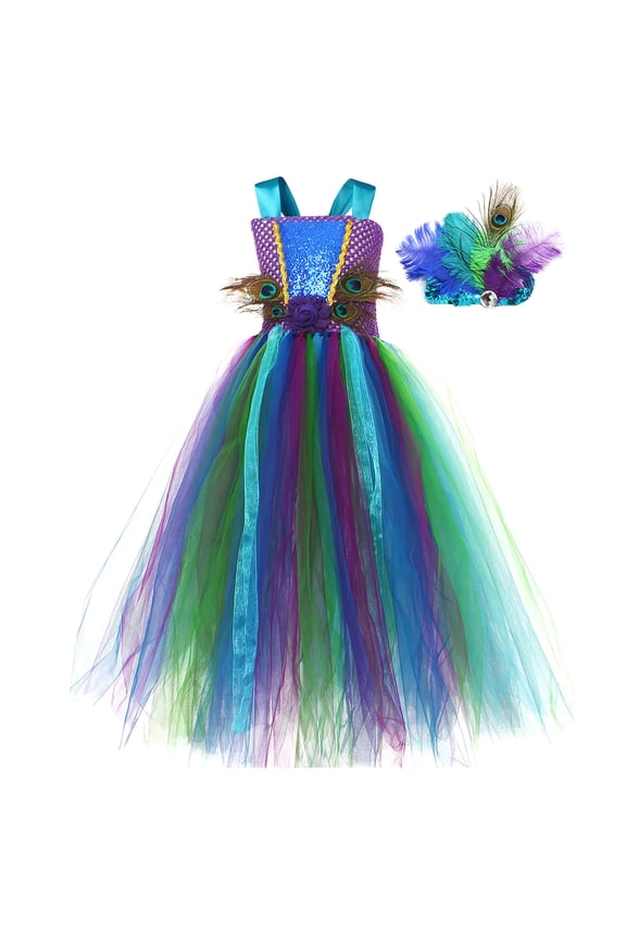Girls Kids Peacock Themed Tutu Dress Sequin Bodice Peacock Feather Decor Party Dress With Matching Headpiece For Party Wear Blue 8-10 Years