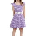 thumbnail image 1 of VNKIDY Girls Kids Round Neck Polka Dot Dress With Waist Belt Ruffle Cap Sleeve A Line Casual Party Dress For Summer Daily Wear Purple 8-9 Years, 1 of 9