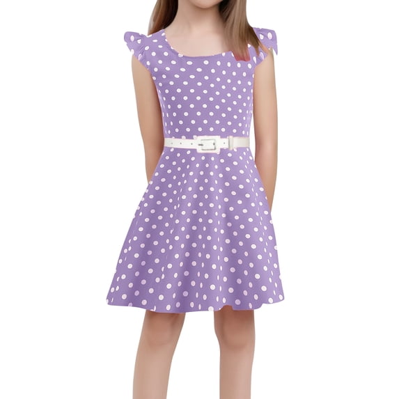 VNKIDY Girls Kids Round Neck Polka Dot Dress With Waist Belt Ruffle Cap Sleeve A Line Casual Party Dress For Summer Daily Wear Purple 8-9 Years