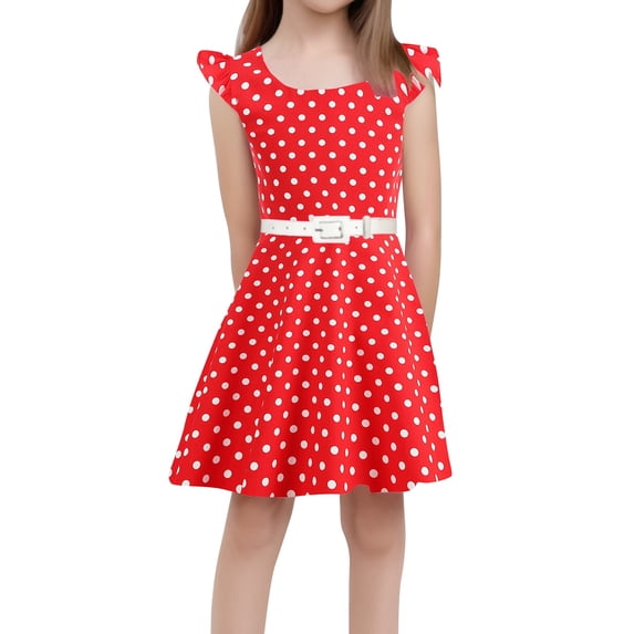 VNKIDY Girls Kids Round Neck Polka Dot Dress With Waist Belt Ruffle Cap Sleeve A Line Casual Party Dress For Summer Daily Wear Red 8-9 Years