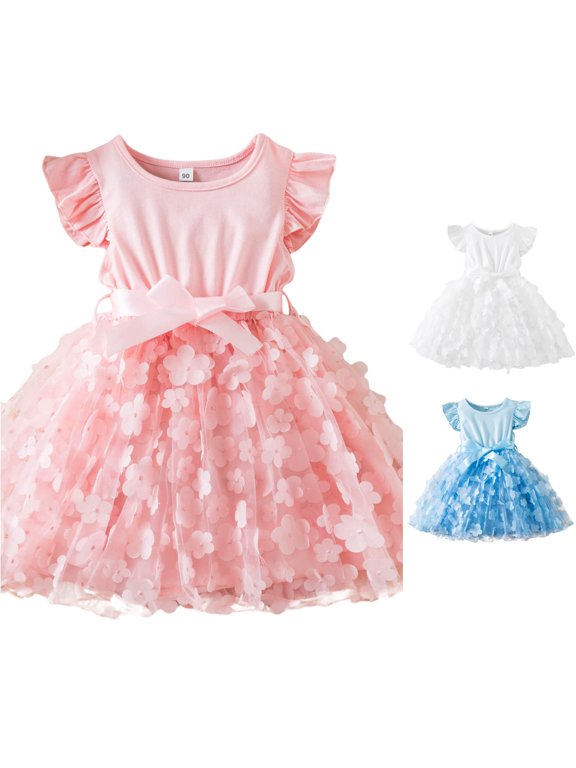 Girls Kids Round Neck Ruffle Cap Sleeve Solid Cotton Top 3D Floral Tulle Tutu Dress Waist Satin Bow Birthday Party Princess Dress For Child 3-4 Years