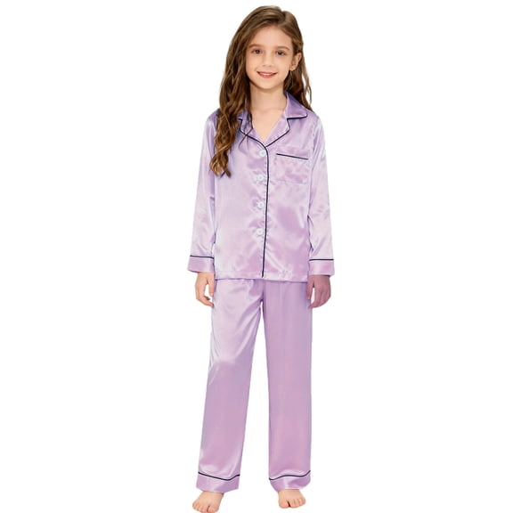 VNKIDY Girls Kids Satin 2 Piece Outfit Solid Color Long Sleeve Button Front Collared Top Wide Leg Pants For Casual Home Relaxation Cozy Set