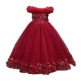 thumbnail image 1 of VNKIDY Girls Kids Off The Shoulder Feather Trim Long Ball Gown Dress With 3D Floral Applique Tulle Skirt For Birthday Party Wedding Flower Girl Soft Dress, 1 of 9