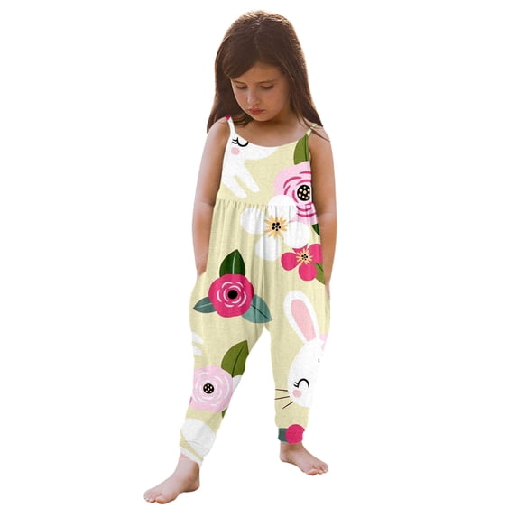 VNKIDY Girls Kids Sleeveless Jumpsuit Floral Print Spaghetti Strap Romper With Harem Pants Loose Fit Lightweight Onesie For Summer Daily Wear Yellow 6-7 Years