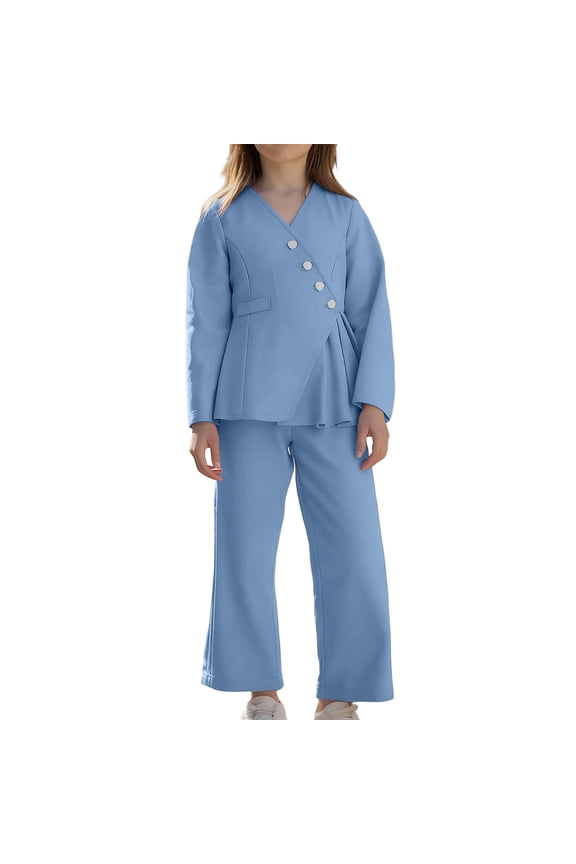 Girls Kids Solid Color 2 Piece Suit Outfit Long Sleeve Ruffled Blazer Wide Leg Loose Fit Trousers For Casual Daily Wear Cute Set