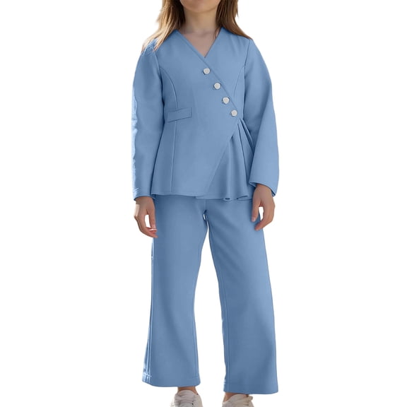 VNKIDY Girls Kids Solid Color 2 Piece Suit Outfit Long Sleeve Ruffled Blazer Wide Leg Loose Fit Trousers For Casual Daily Wear Lovely Set