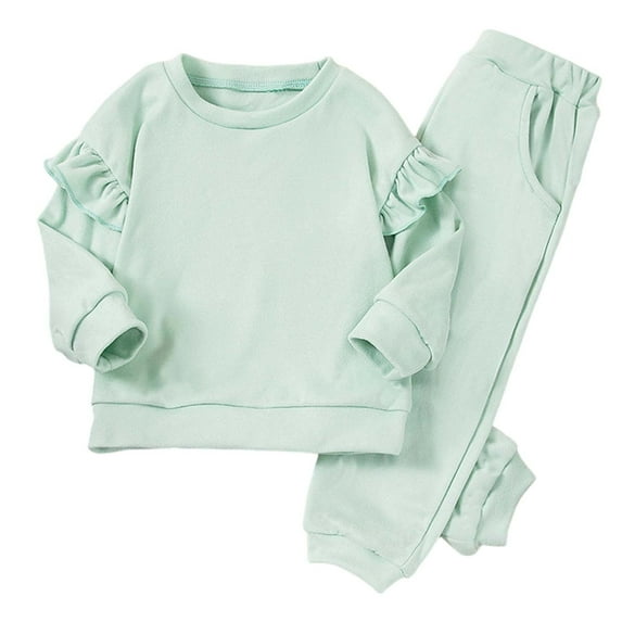 VNKIDY Girls Kids Solid Color 2 Piece Tracksuit Plush Ruffled Long Sleeve Crewneck Pullover Elastic Waisted Pants For Casual Daily Wear Lovely Set
