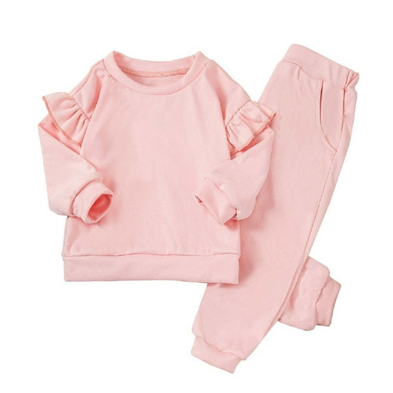 VNKIDY Girls Kids Solid Color 2 Piece Tracksuit Plush Ruffled Long Sleeve Crewneck Pullover Elastic Waisted Pants For Casual Daily Wear Soft Set