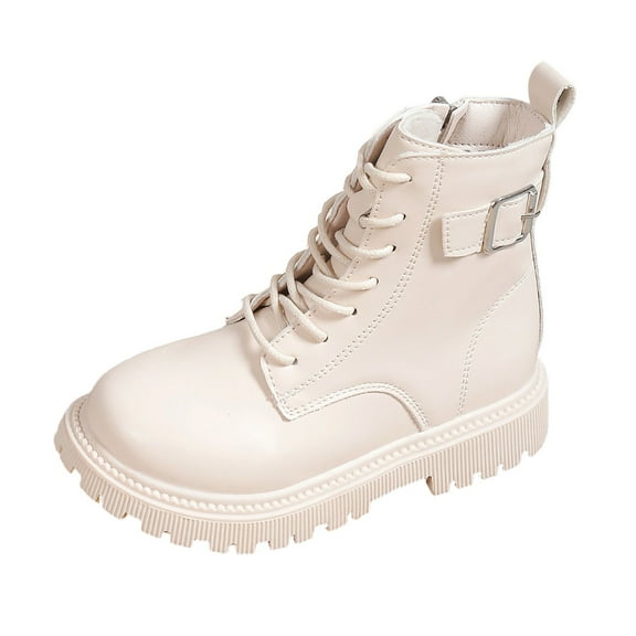 VNKIDY Girls Kids Solid Color Ankle Boots Lace Up Back Zip Closure Buckle Strap Thick Sole Shoes For Casual Daily Wear Stylish Footwear