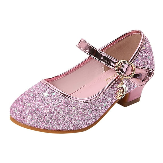 VNKIDY Girls Kids Solid Color Glitter Mary Jane Buckle Strap Star Decor Low Heel Shiny Dress Shoes For Party Casual Daily Wear Cozy Footwear
