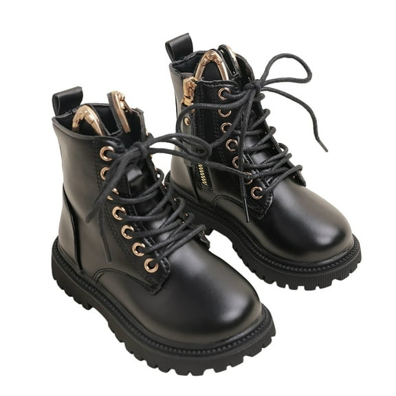 VNKIDY Girls Kids Solid Color Leather Ankle Boots Lace Up Thick Sole Side Zip Shoes For Party Casual Daily Wear Classic Footwear