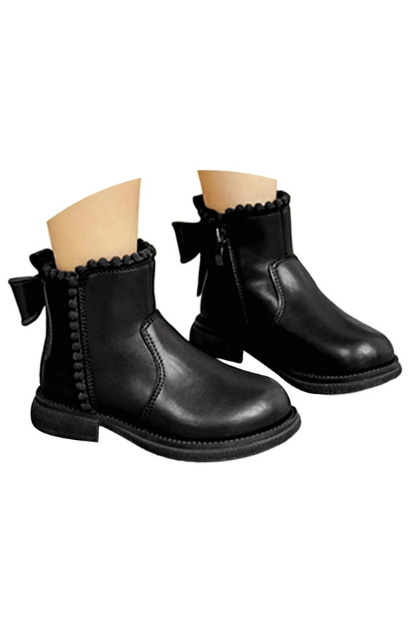 Girls Kids Solid Color Leather Ankle Boots Ruffled Edge Bow Decor Traction Sole Shoes For Casual Daily Wear School Activities Fashionable Footwear