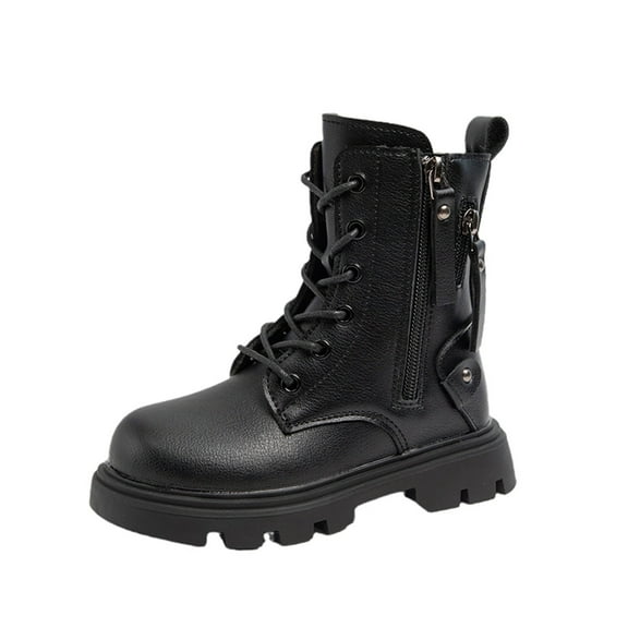 VNKIDY Girls Kids Solid Color Leather Martin Ankle Boots Side Zipper Lace Up Thick Traction Sole Shoes For Casual Wear Outdoor Activities Fashionable Footwear