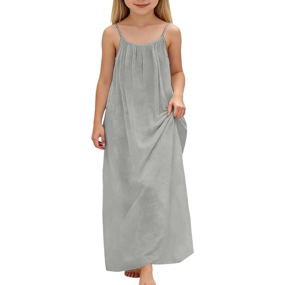 VNKIDY Girls Kids Solid Color Linen-Blend Maxi Dress Spaghetti Strap Ruched Neckline Casual Dress With Side Pockets For Summer Daily Wear Cute Dress