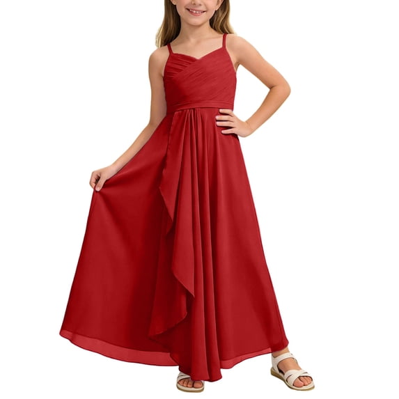 VNKIDY Girls Kids Solid Color Maxi Dress Spaghetti Strap Sleeveless Ruched Bodice Formal Party Dress For Party Special Events Leisure Dress