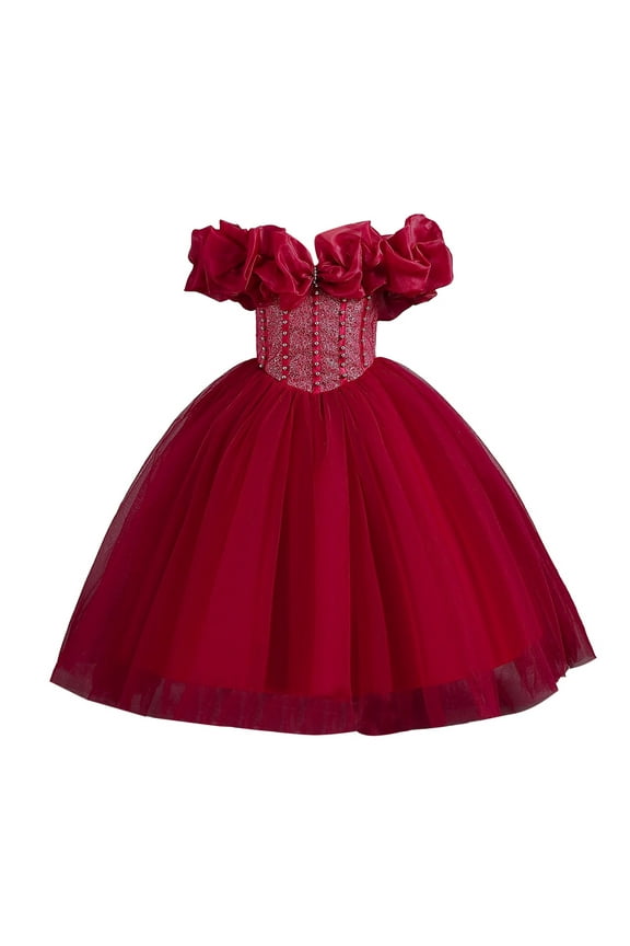 Girls Kids Solid Color Off Shoulder Dress Beaded Bodice Ruffle Trim Fluffy Tulle Skirt Princess Gown For Wedding Party Wear Red 8-9 Years