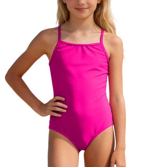 VNKIDY Girls Kids Solid Color One Piece Swimsuit Spaghetti Strap Square Neck Ruched Slim Fit Bathing Suit For Summer Pool Beach Activities Pink 12-14 years