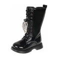 thumbnail image 1 of VNKIDY Girls Kids Solid Color Patent Leather Knee High Boots Lace Up Pearl Bow Decor Traction Sole Shoes For Casual Daily Wear Outdoor Activities Cute Footwear, 1 of 9