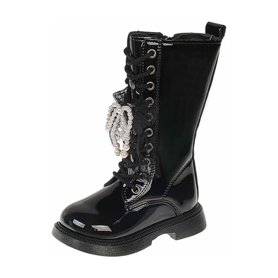 VNKIDY Girls Kids Solid Color Patent Leather Knee High Boots Lace Up Pearl Bow Decor Traction Sole Shoes For Casual Daily Wear Outdoor Activities Cute Footwear