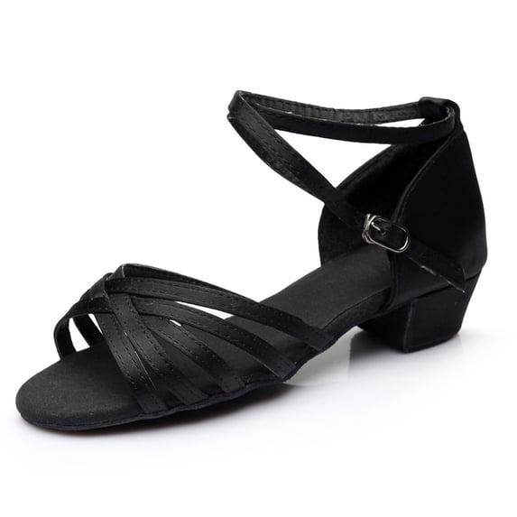 VNKIDY Girls Kids Solid Color Sandals With Crisscross Straps Buckle Ankle Strap Suede Insole Medium Heel Breathable Latin Dance Shoes For Daily Wear Black 10-11 Years